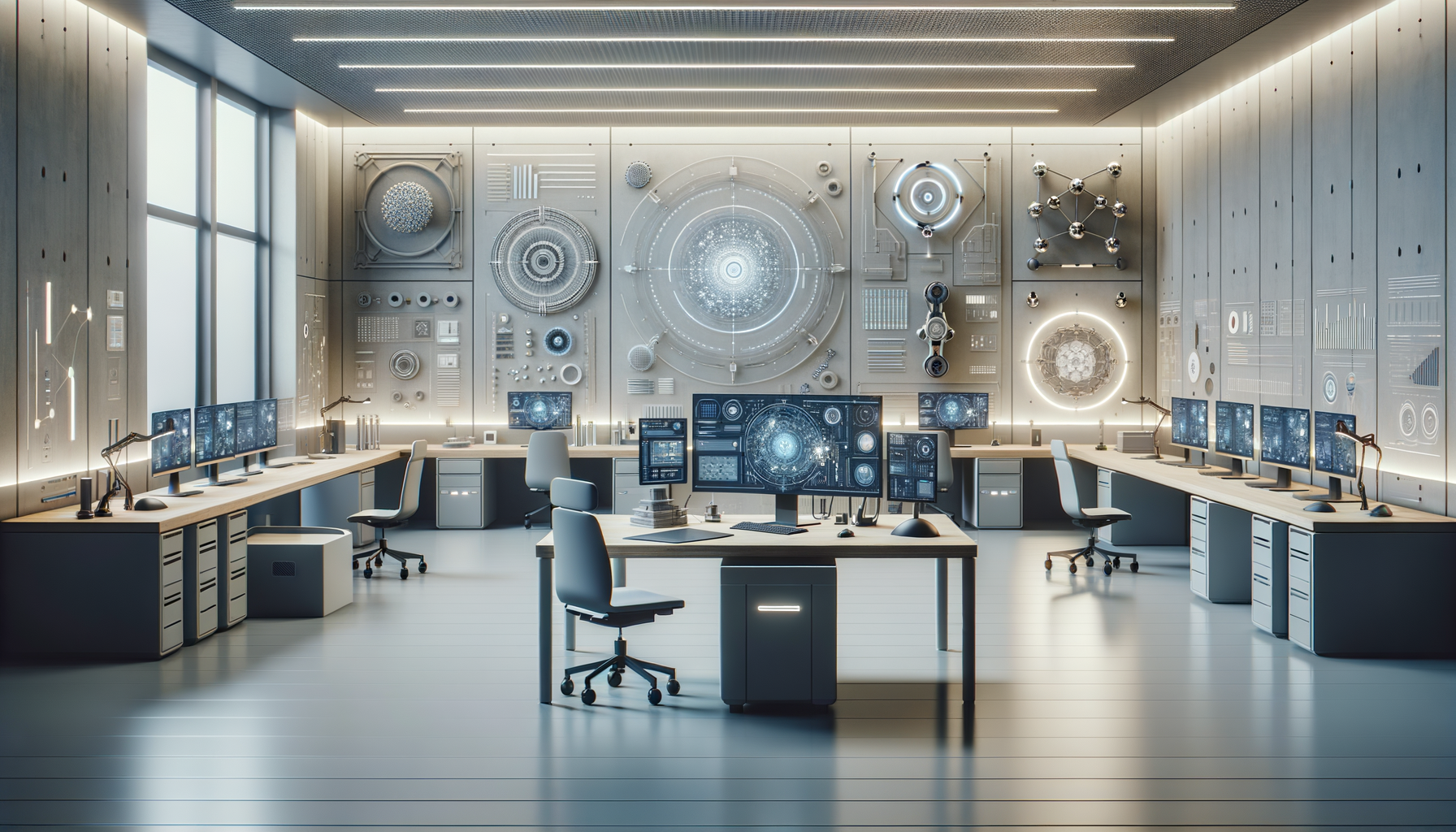 A high-tech control room with multiple monitors, workstations, and futuristic wall displays, illuminated with soft lighting, featuring a minimalist and modern design.