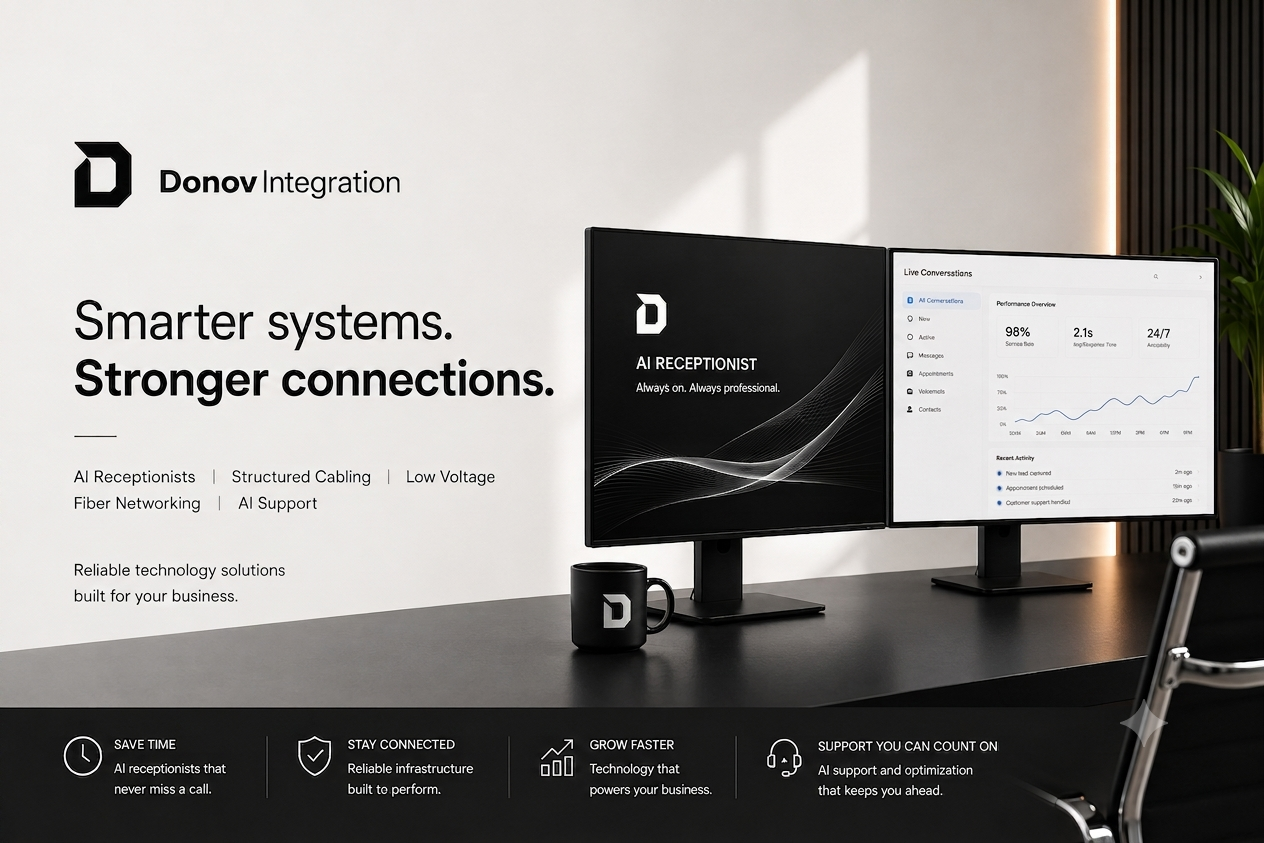 Marketing display with text and monitors showcasing Donov Integration's technology solutions for smarter systems. Features include AI receptionists, structured cabling, low voltage, fiber networking, and AI support, emphasizing reliability and business growth.