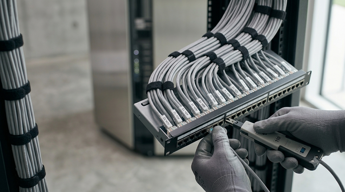 Person wearing gray gloves working on a network patch panel connecting multiple gray Ethernet cables.
