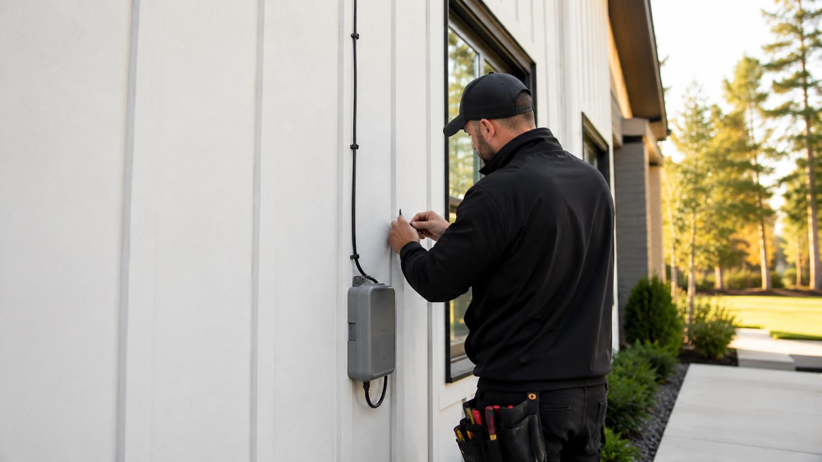 A technician working on exterior wiring of a modern house during daytime, with trees and a walkway in the background.