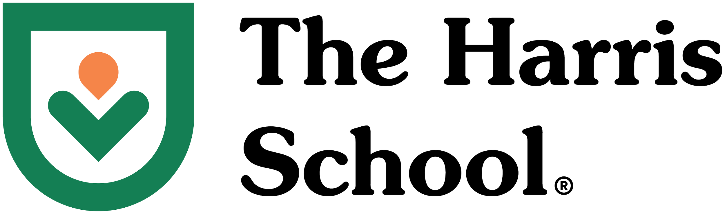 The Harris School logo featuring a shield with a map marker icon inside, and the text 'The Harris School' next to it.