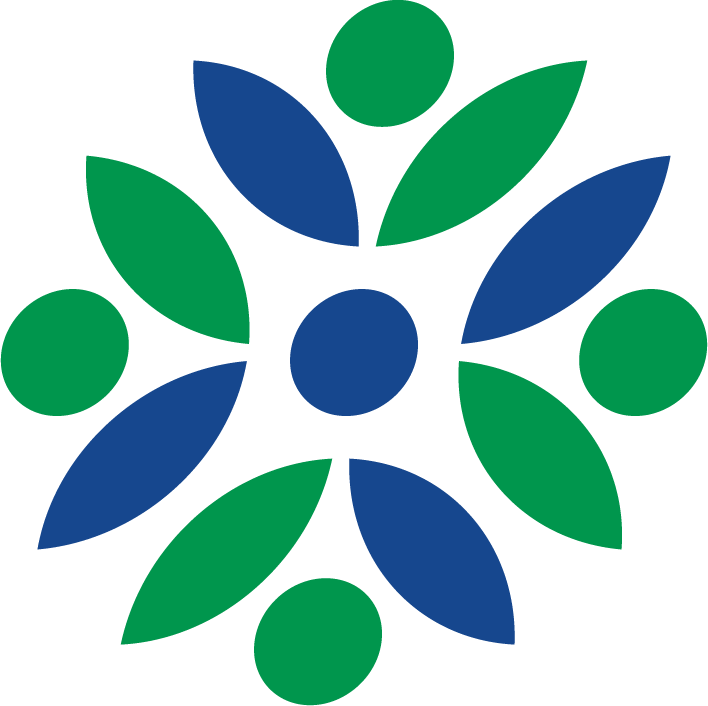 Abstract logo featuring green and blue leaf shapes and circles arranged in a symmetrical pattern.