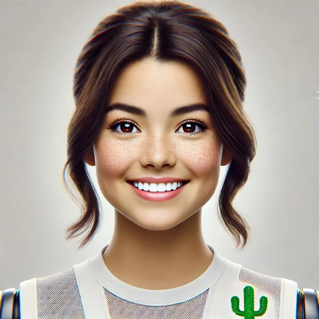 Close-up of a young woman with a bright smile, dark brown hair styled in soft waves, and wearing a white top with a green cactus patch.