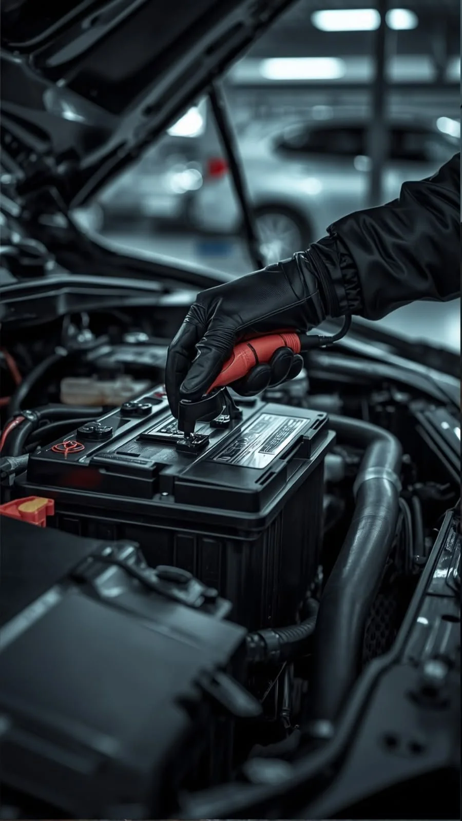 Persona usando guantes negros revisa la batería de un automóvil en un taller.