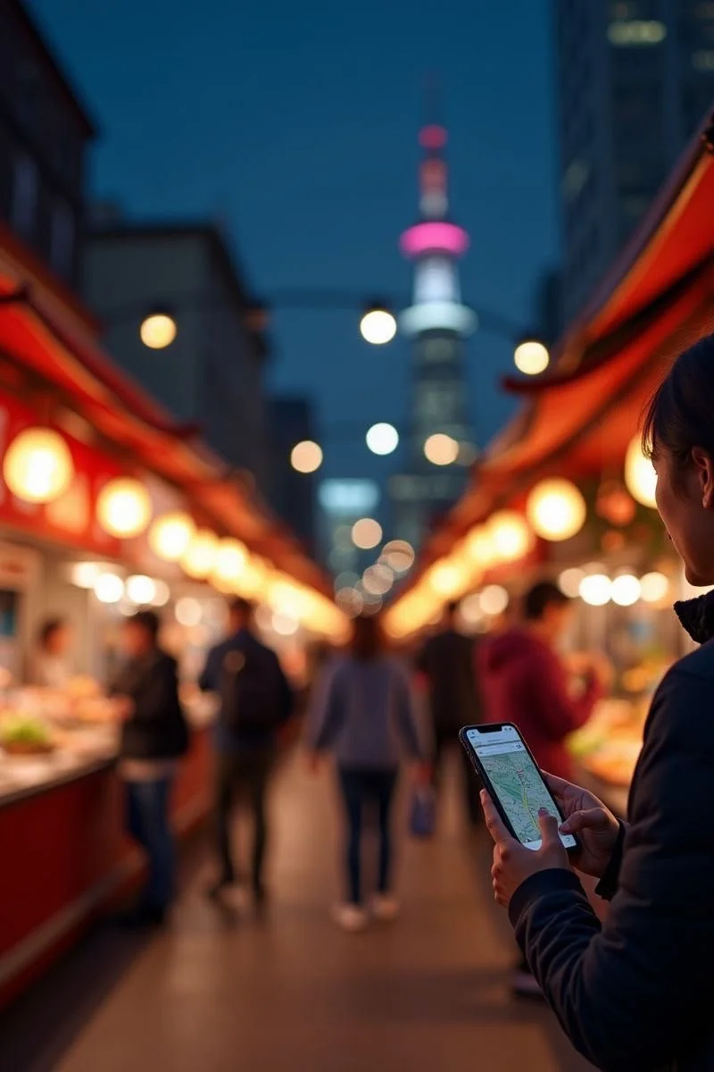 Persona usando teléfono móvil en un mercado nocturno con puestos iluminados y la Torre Skytree en Tokyo al fondo.