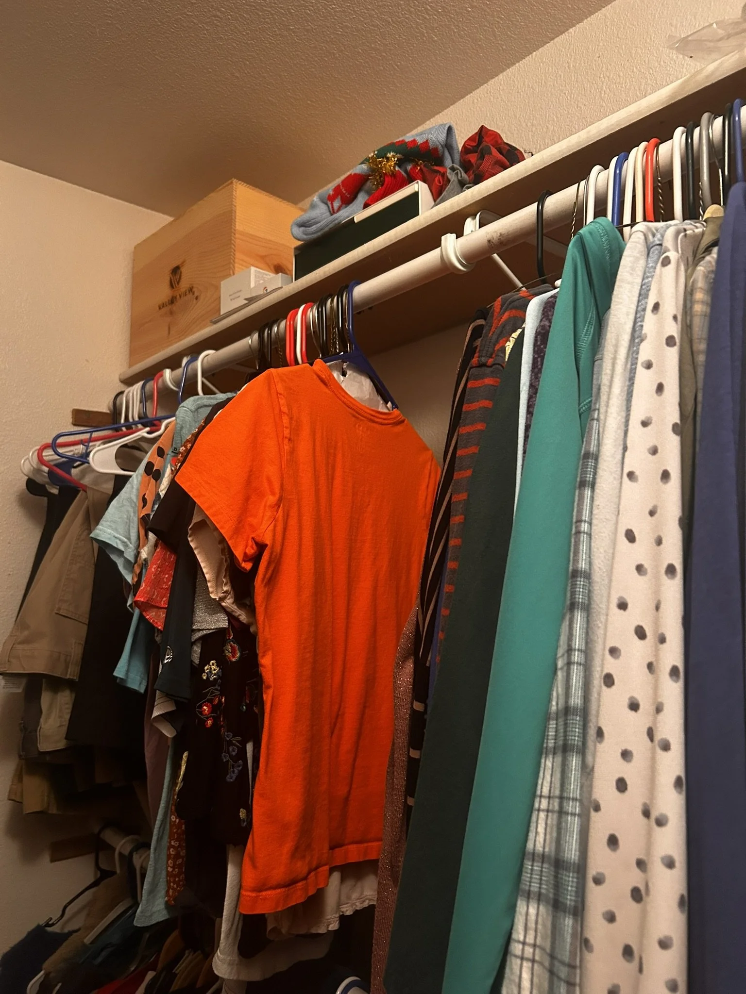 A closet with hanging clothes including shirts, and a shelf with a cardboard box, a Christmas stocking, and a small box.