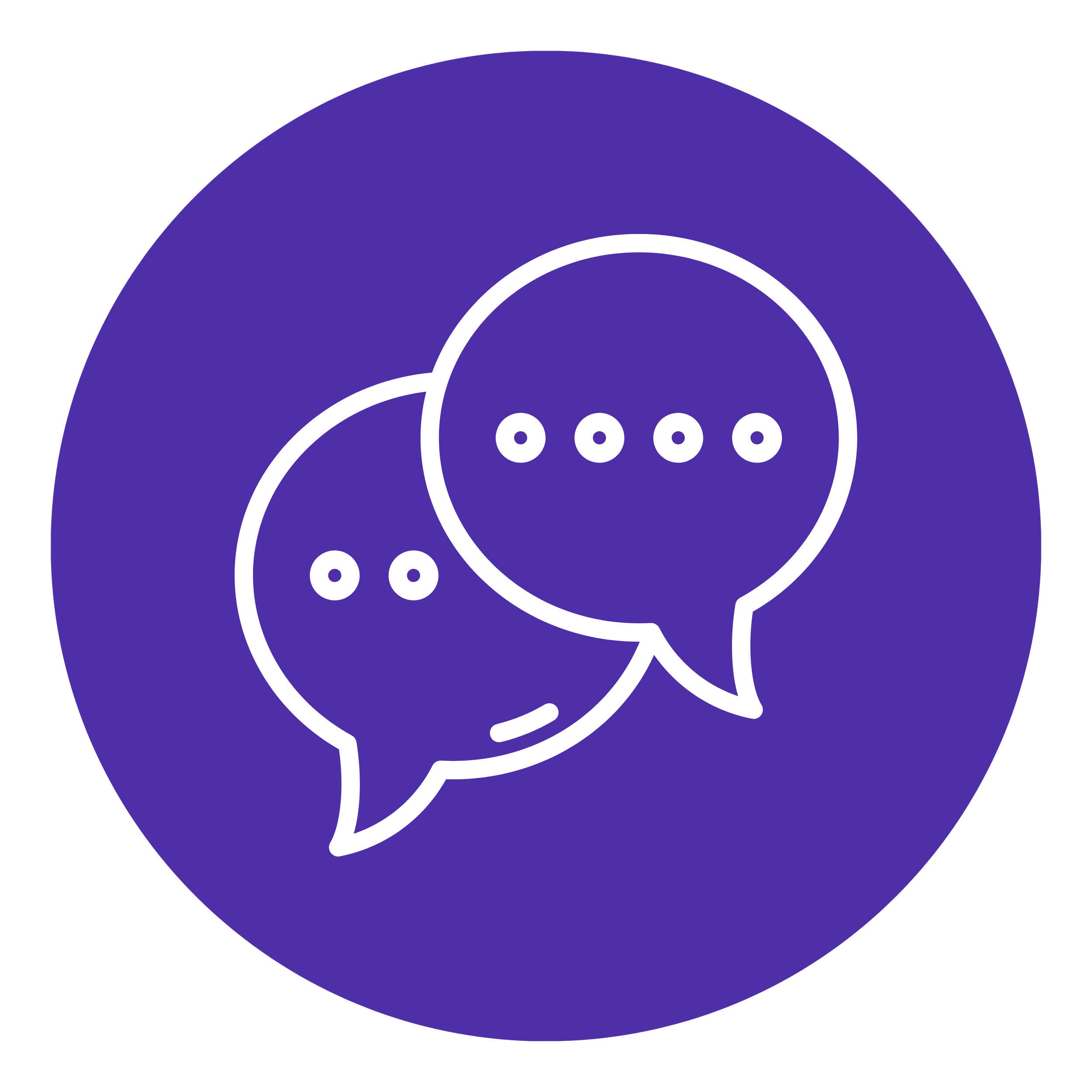 Purple circular logo with white speech bubbles and dots inside, on a black background.