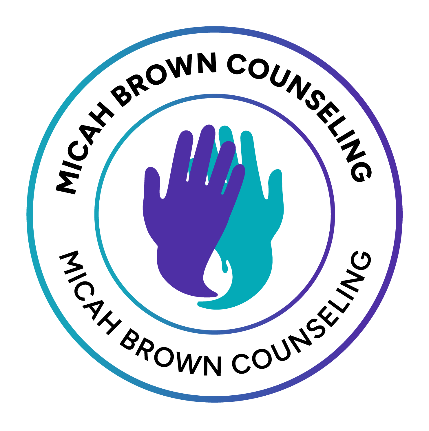 A circular logo with black text reading 'MICAH BROWN COUNSELING' and a graphic of two stylized hands, one purple and one teal, overlapping in the center.