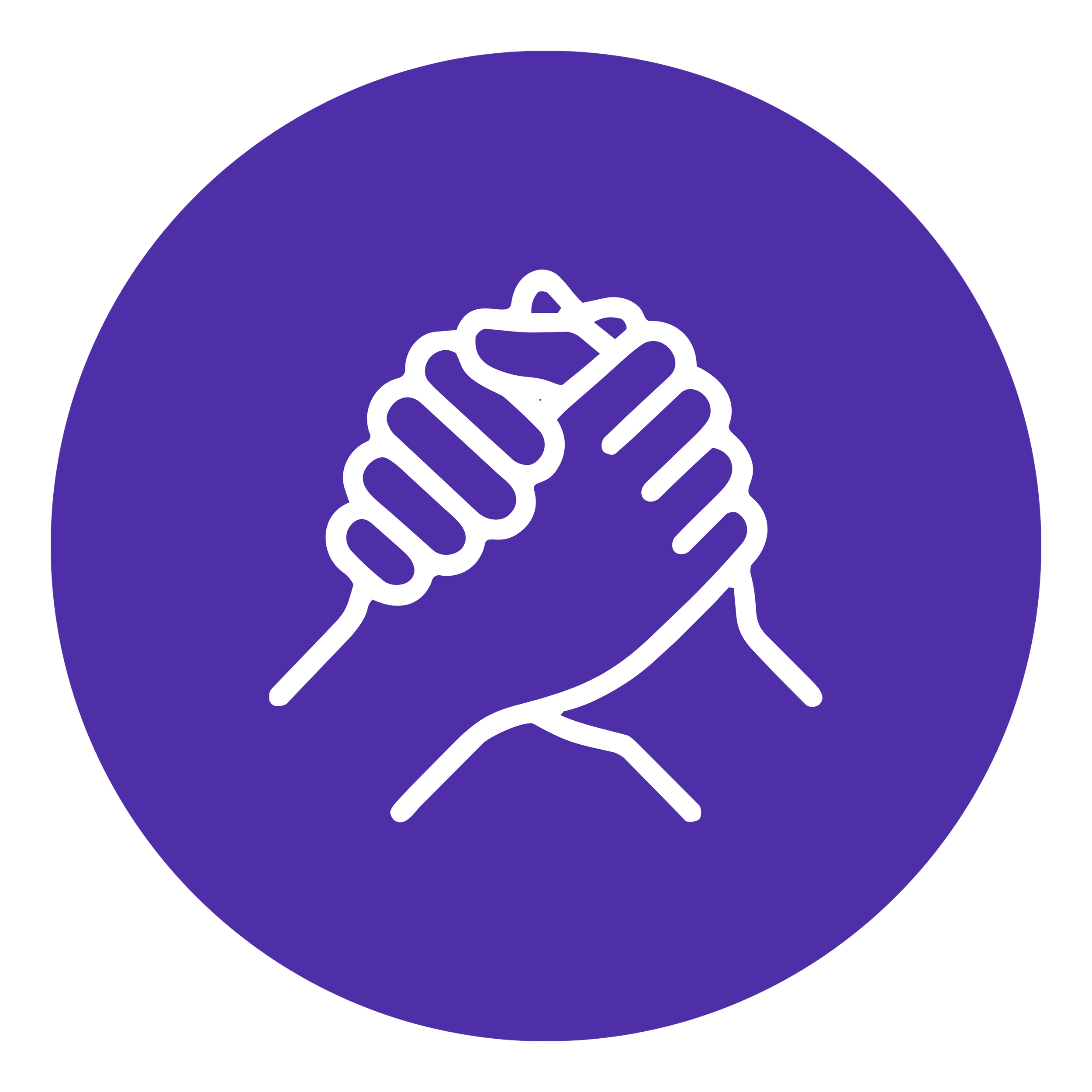 A stylized logo featuring a white jagged line drawing of a brain on a purple circular background with black outer space.