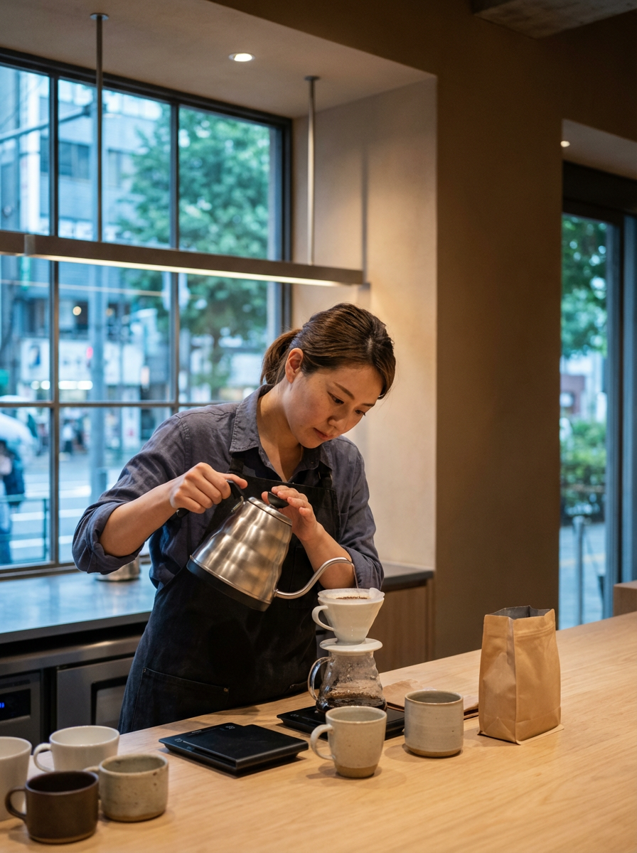 A woman preparing pour-over coffee in a coffee shop with large windows and a city street view in the background.