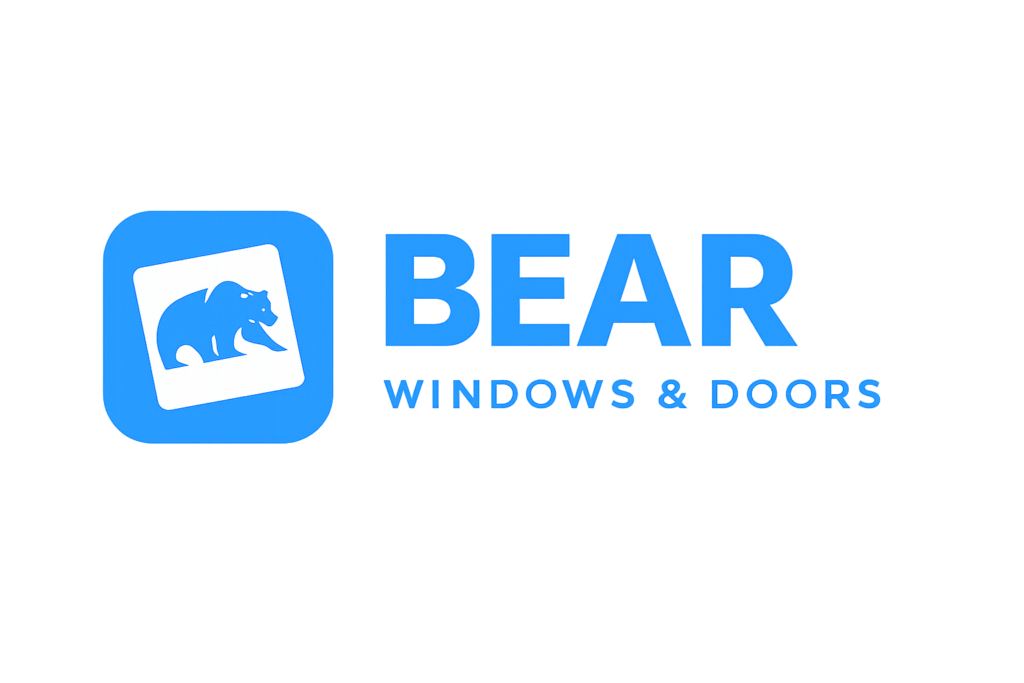 Logo for Bear Windows & Doors featuring a bear silhouette inside a blue square, with the text "BEAR WINDOWS & DOORS" in blue