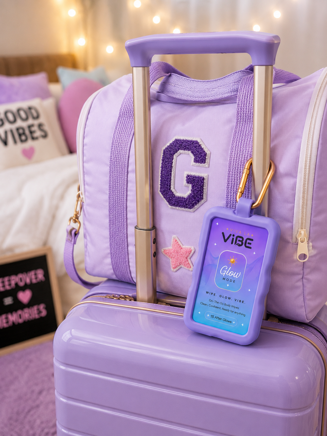 Viva La Vibe Case with gold carabiner clipped onto overnight luggage bag