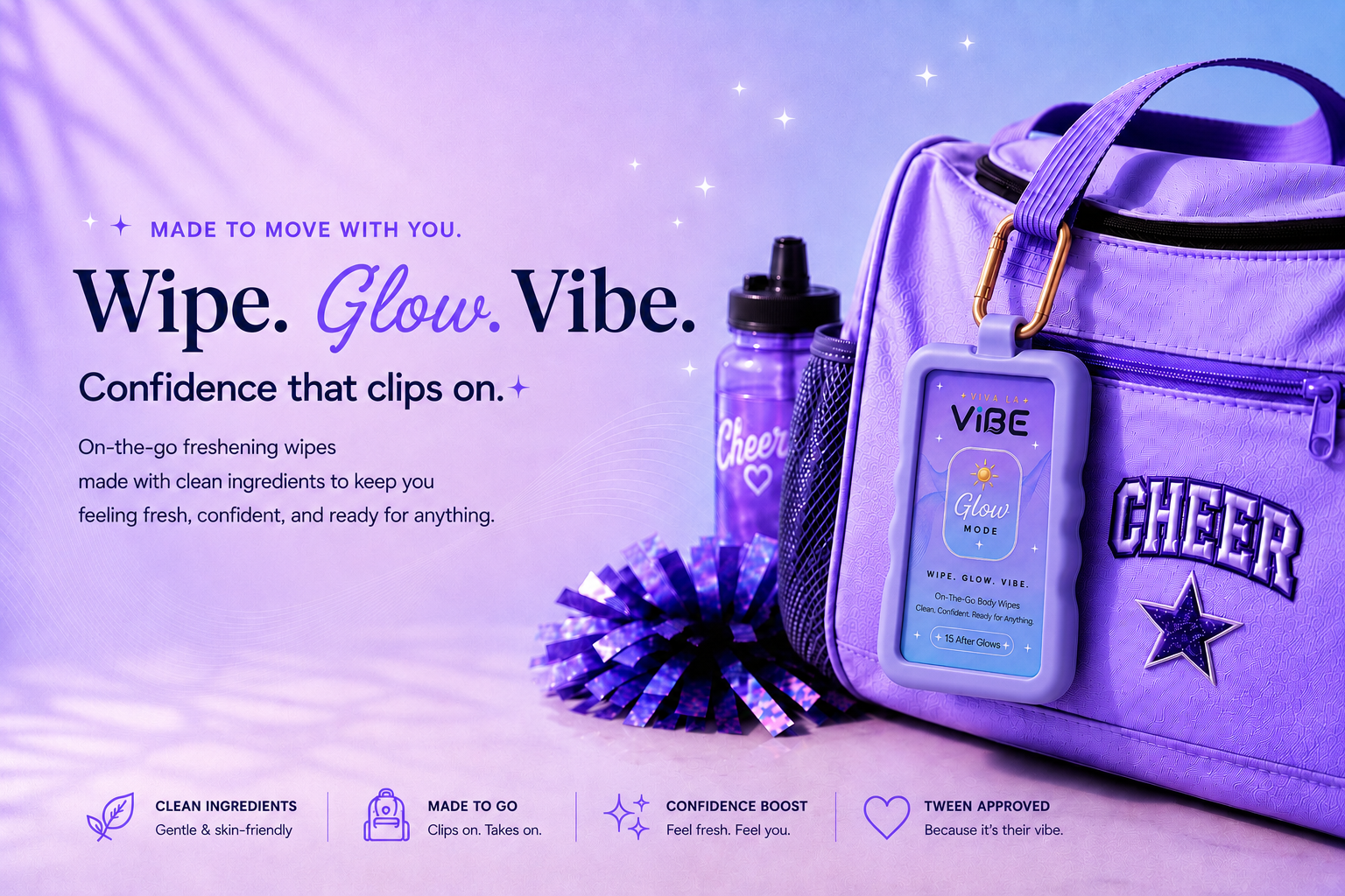Viva La Vibe reusable hygiene wipes for tweens, featuring Glow Mode on-the-go wipes clipped to a sports bag for fresh, confident moments at school, sports, travel, and everyday activities.