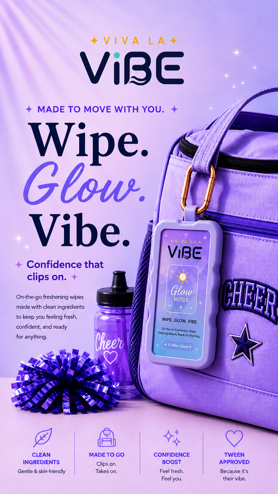 Viva La Vibe reusable hygiene wipes for tweens, featuring Glow Mode on-the-go wipes clipped to a sports bag for fresh, confident moments at school, sports, travel, and everyday activities.