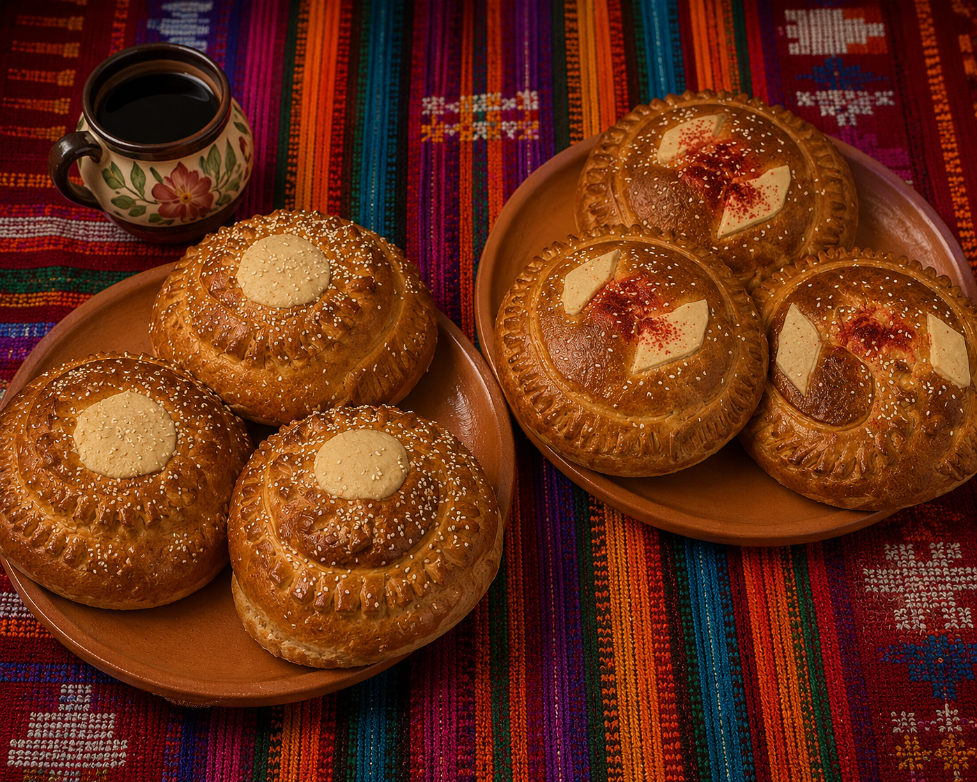 Traditional Mexican pastries, called 'pan de muerto,' on two plates, with a cup of coffee on a colorful woven tablecloth.