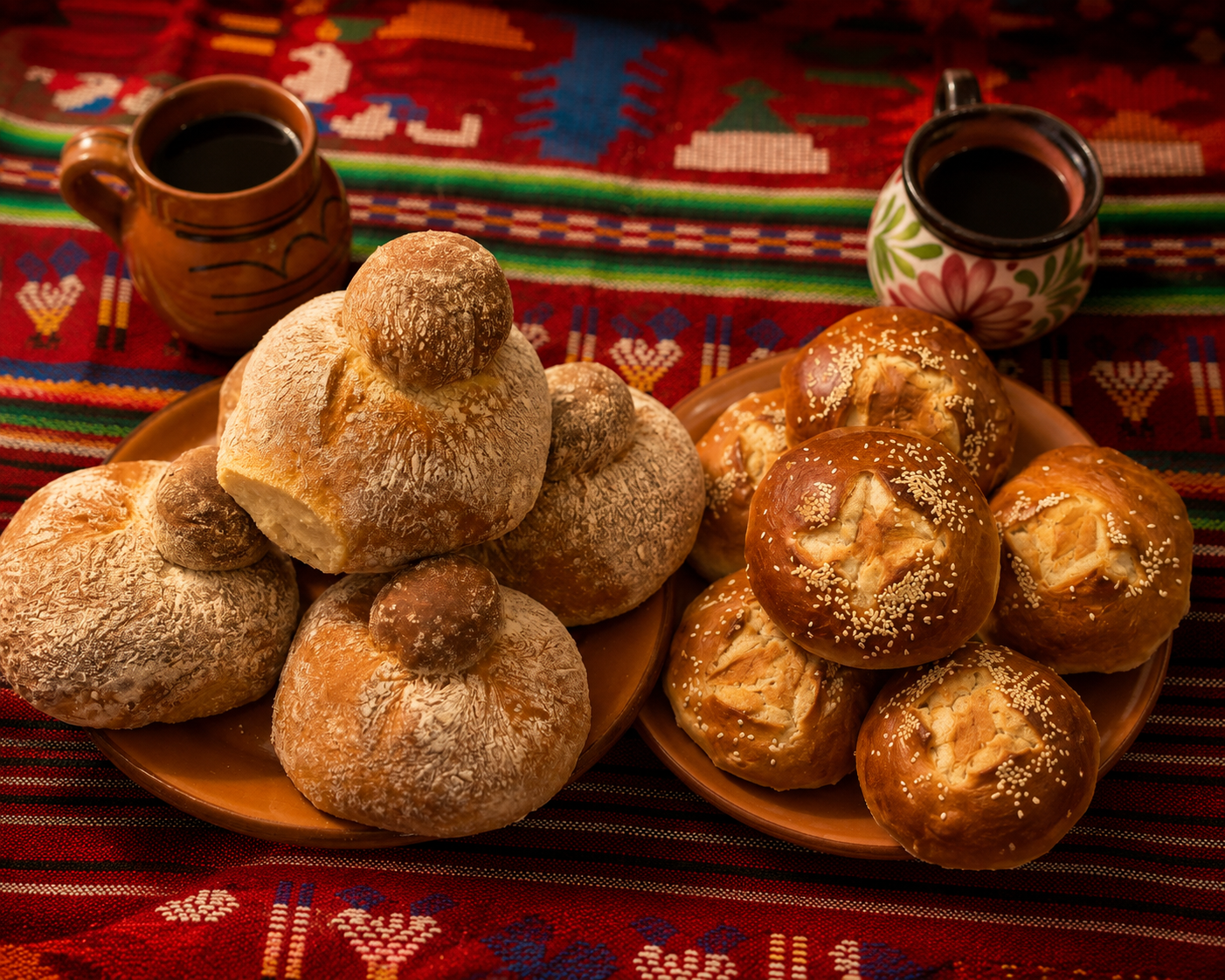 Traditional Mexican bread and pastries on a colorful woven tablecloth with two cups of dark coffee in decorated cups.