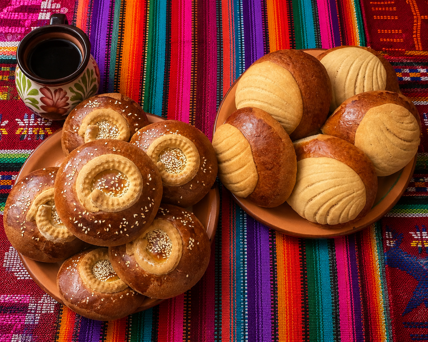 Traditional Mexican bread and pastries on vibrant, colorful woven tablecloth with a cup of dark beverage.