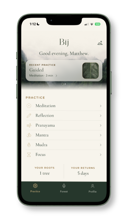 Bīj app home screen showing a recent guided meditation, the six practices (Meditation, Reflection, Pranayama, Mantra, Mudra and Focus), and Your Roots and Your Returns totals.