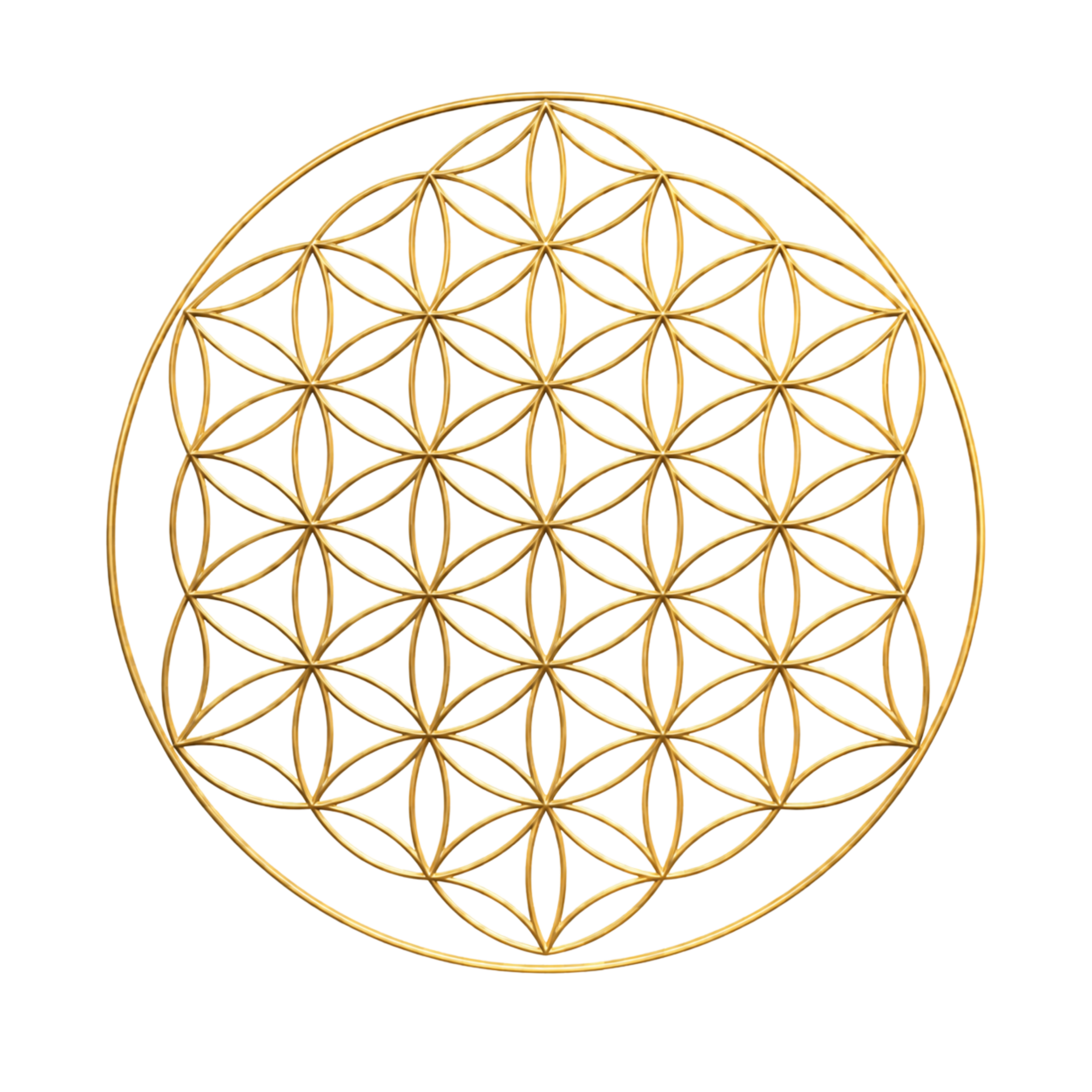 Gold-colored geometric spherical sculpture made of interconnected circles on a black background.