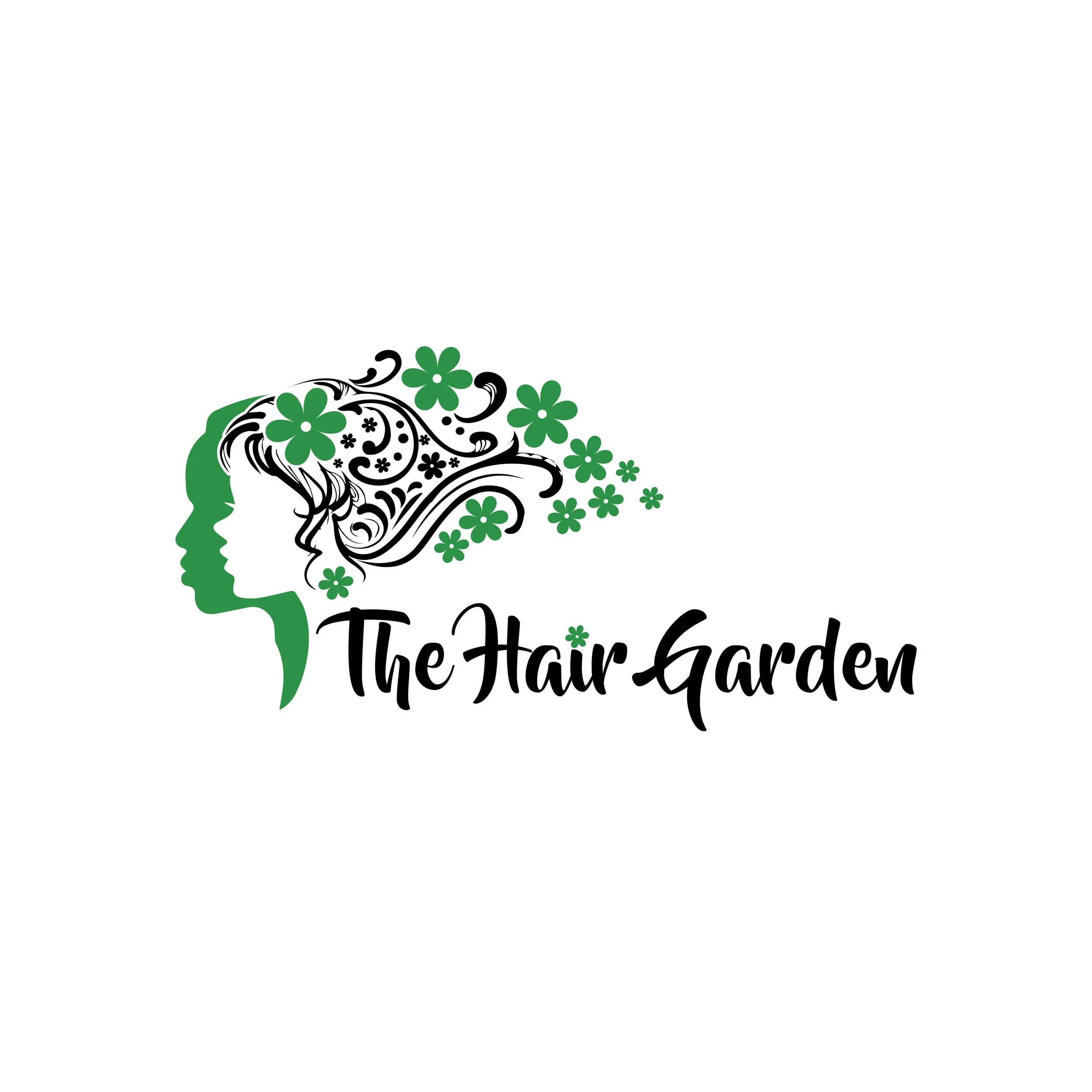 Stylized illustration featuring a woman's profile with flowing black hair, decorated with green flowers, and the text 'The Hair Garden' written below.