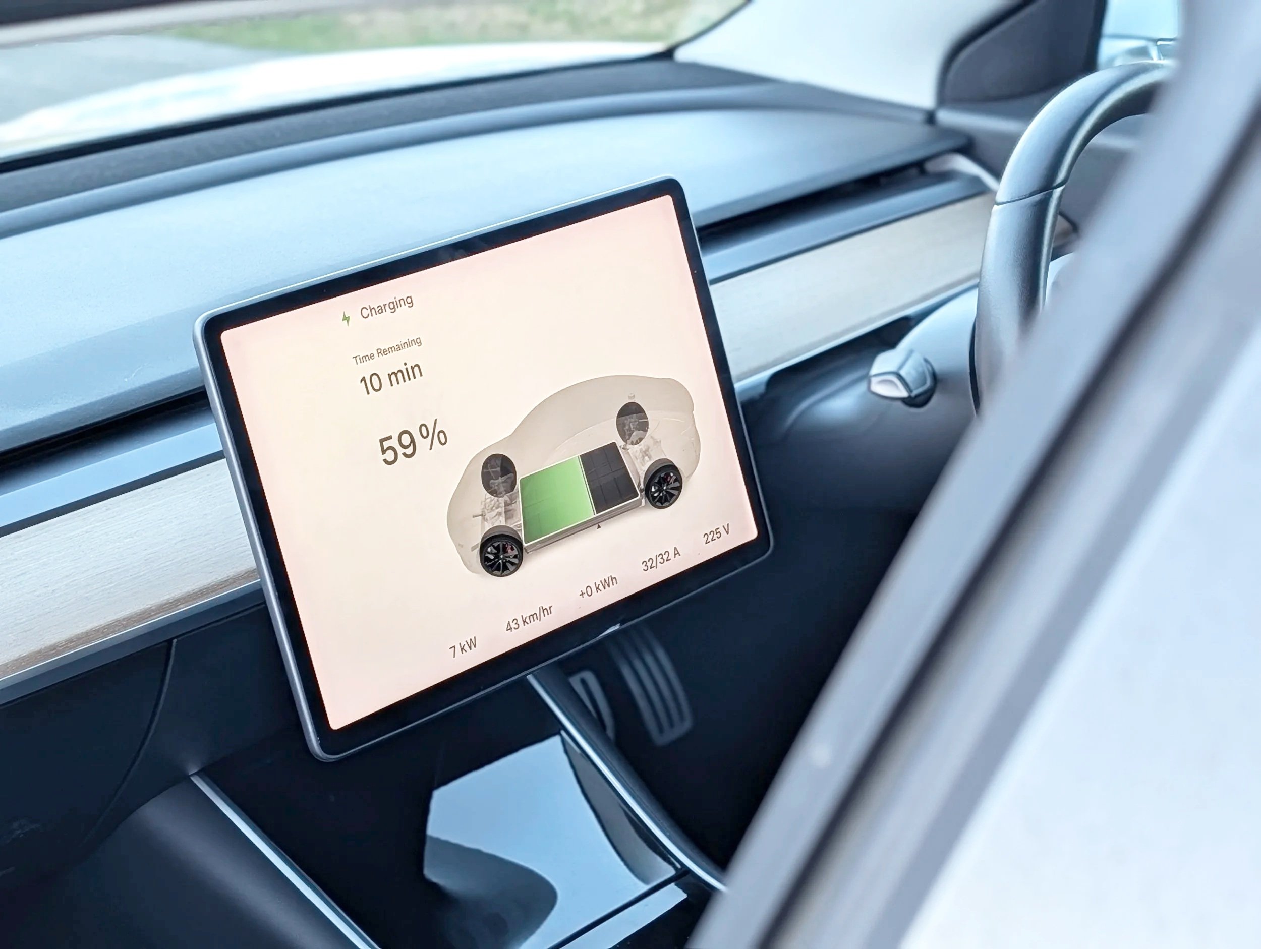 An EV centre screen shows a charging status for an electric car with 59% charge, estimated 10 minutes remaining, and details of the vehicle's battery and electrical information.