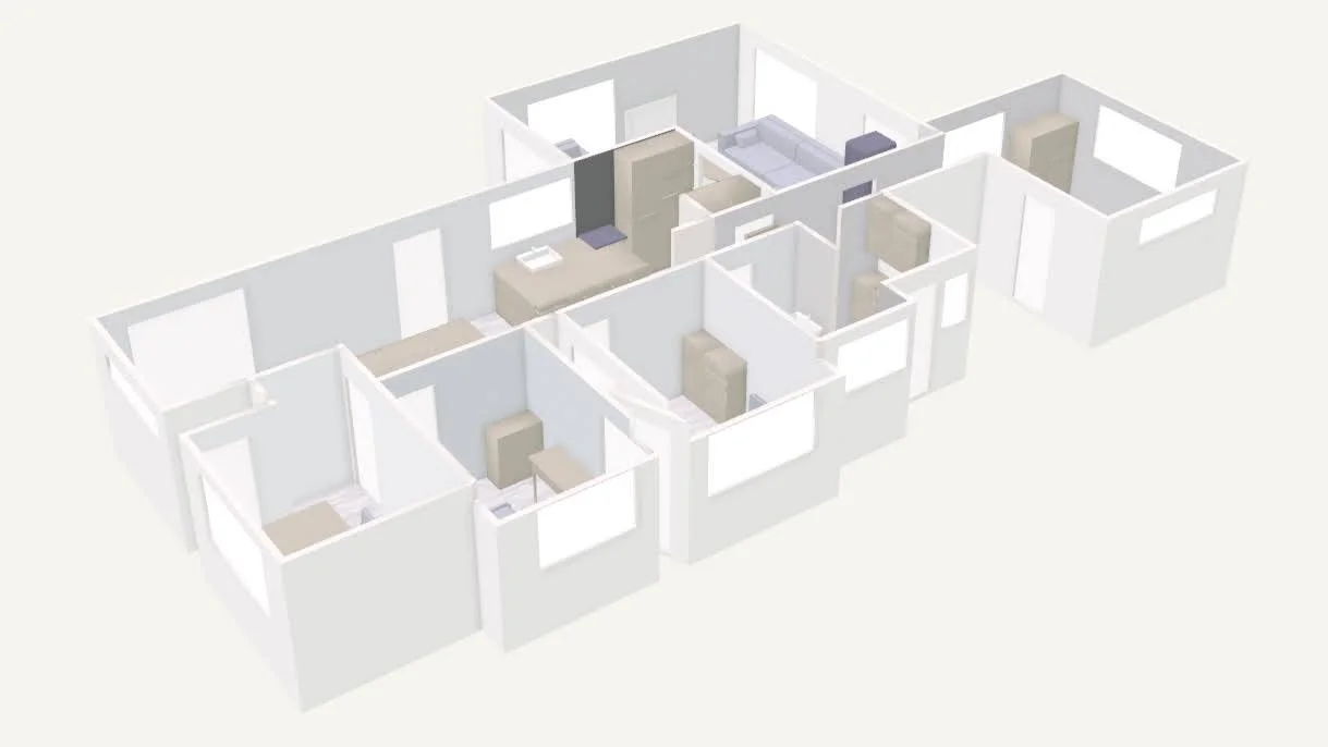 3D floor plan of a house showing multiple rooms with furniture and windows.