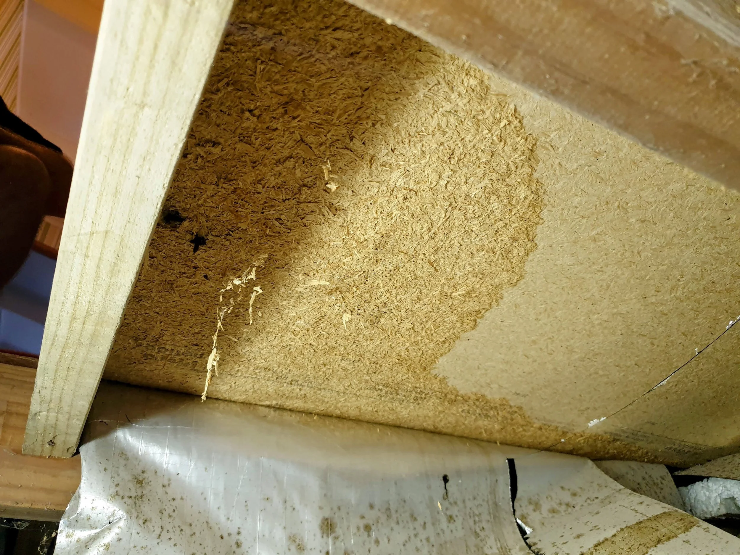 Close-up of particle board or plywood edges and surface, showing the layered wood fibers and a rough, textured appearance.