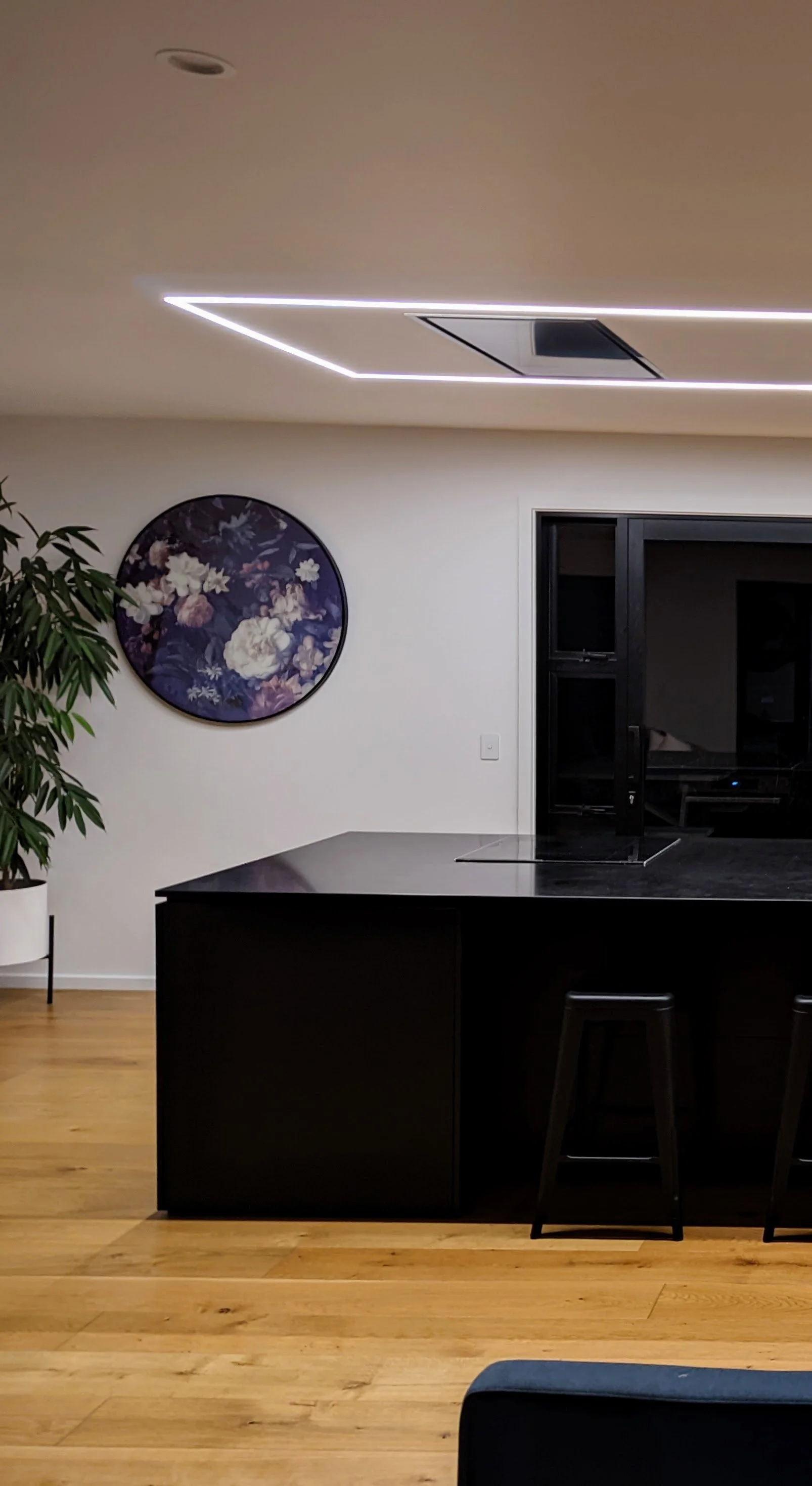 Modern kitchen with black island, art piece on the white wall, potted plant on the left, and sliding glass door on the right. Ceiling has geometric LED lighting.