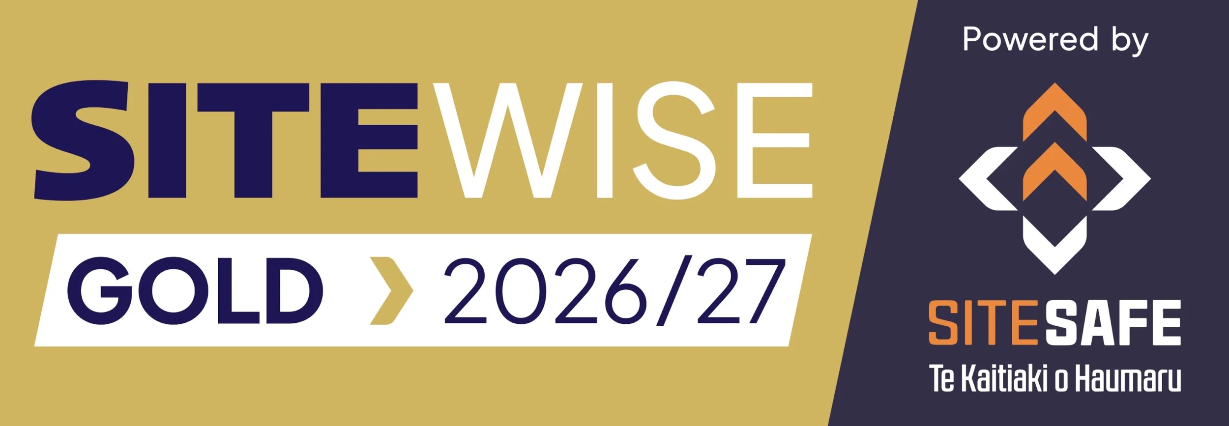 Graphic with text promoting Site Safe Gold certification for 2026/27, featuring a logo with orange and white arrows and text in English and Maori, set against a gold and navy blue background.