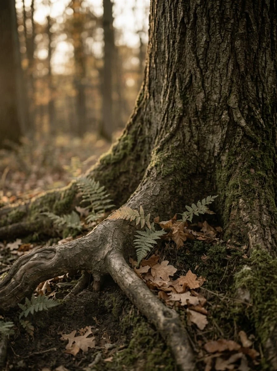 Close-up of the base of a large tree trunk with roots and fallen leaves, ferns, and moss in a forest during autumn.