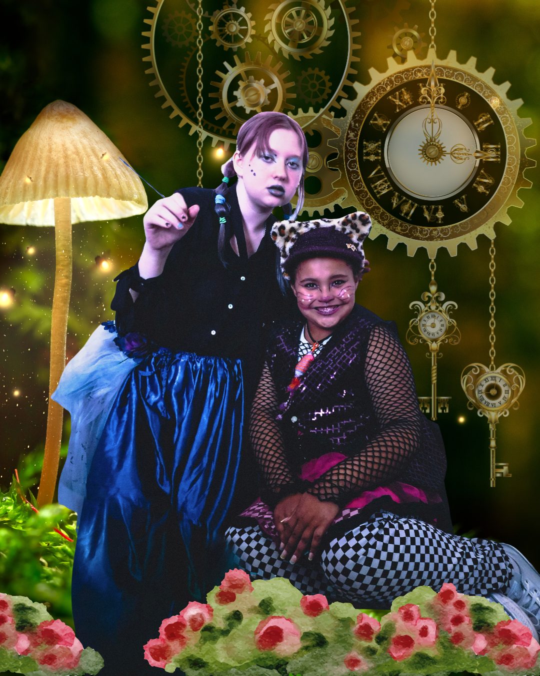 Two young girls dressed in whimsical costumes, with a fantasy background featuring oversized clock gears, a glowing mushroom, and pink floral plants.