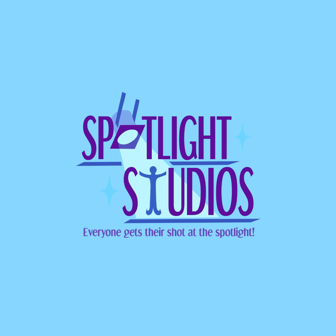 Logo for Spotlight Studios with a film camera and spotlight illustration on a light blue background, and slogan 'Everyone gets their shot at the spotlight!'