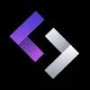 Logo with a purple and white quotation mark on a black background.