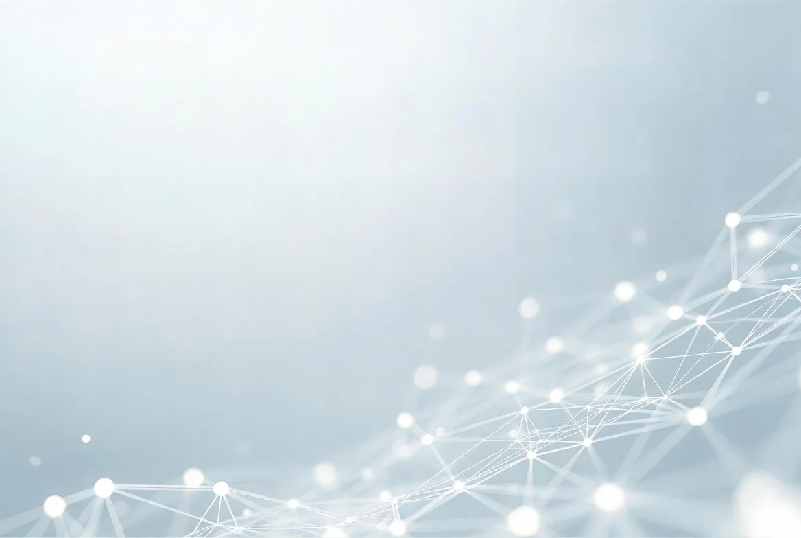 Digital abstract background with interconnected white dots and lines on a light blue gradient