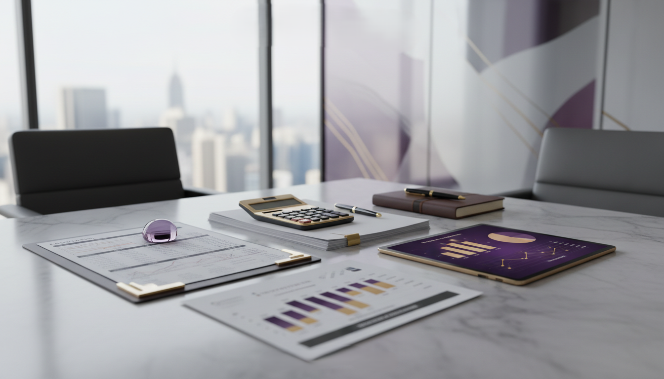 Meeting room table with documents, charts, calculator, notepad, pen, and a tablet with financial data, in front of large windows with a city view.