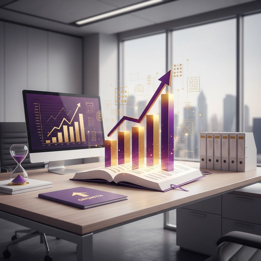 An office desk with a computer displaying a rising graph, an open book with a 3D bar chart and upward arrow, graph overlays, a purple notebook, a clock, and binders, with large windows and city skyline in background.
