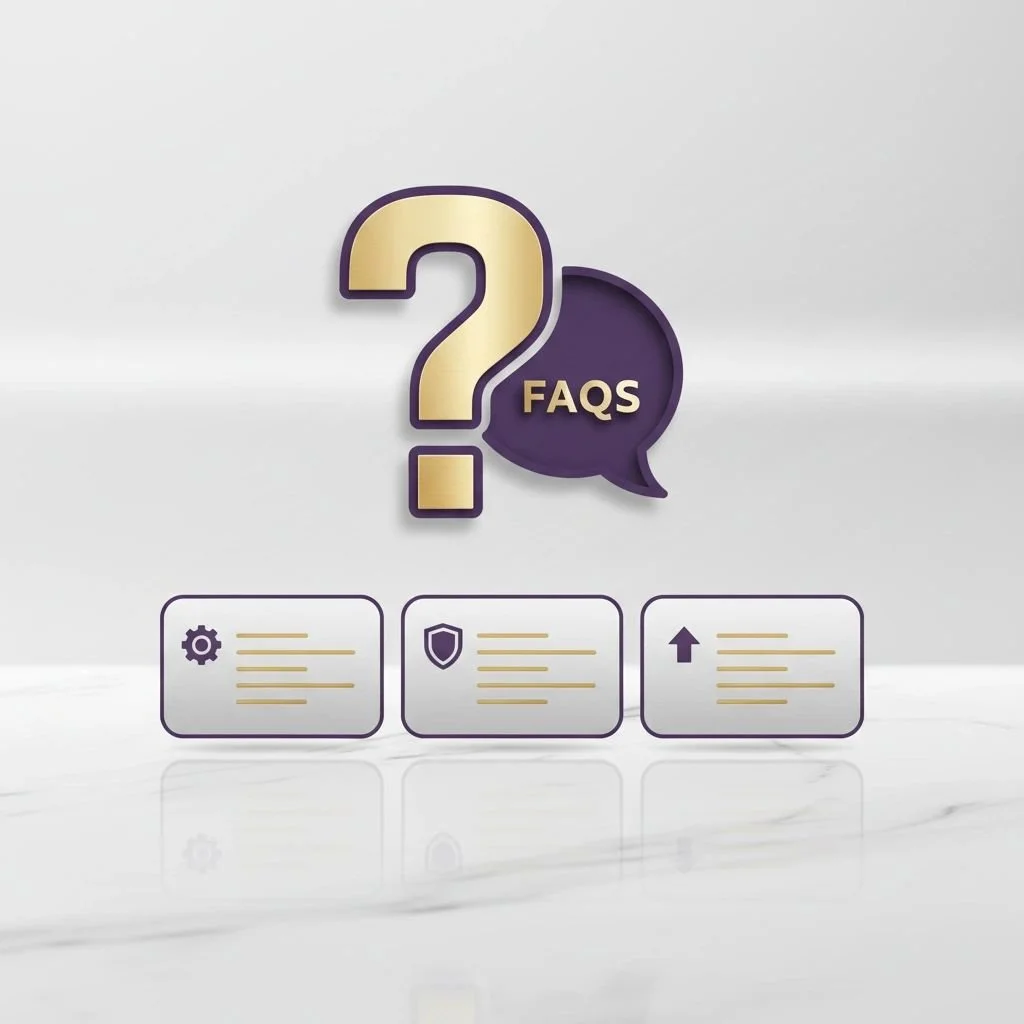 FAQ icon with a large question mark and speech bubble; three info boxes below with icons for settings, shield, and upload.