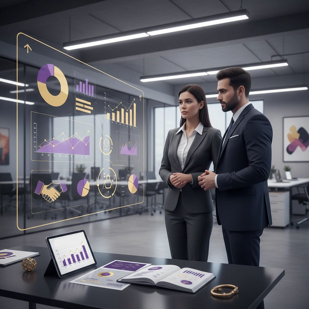 Two business professionals, a woman and a man, looking at a transparent digital screen displaying charts and graphs in a modern office. The desk nearby has a tablet showing a bar graph, open reports, and various office items.