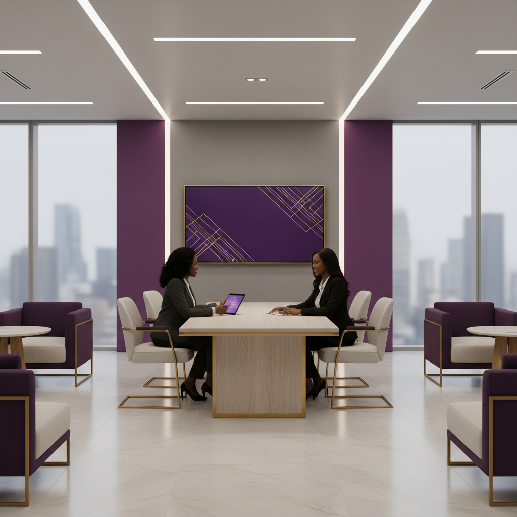 Two women in business attire having a meeting in a modern conference room with large windows and city skyline view, purple accents, and a decorative purple and gold wall art