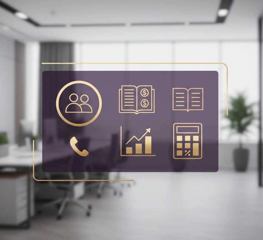Business icons on a transparent overlay in a modern office setting, including people, financial documents, a book, a growing chart, and a calculator.