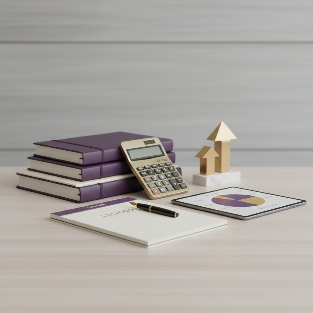 Office desk with purple notebooks, calculator, tablet displaying a pie chart, pen, and wooden house models.