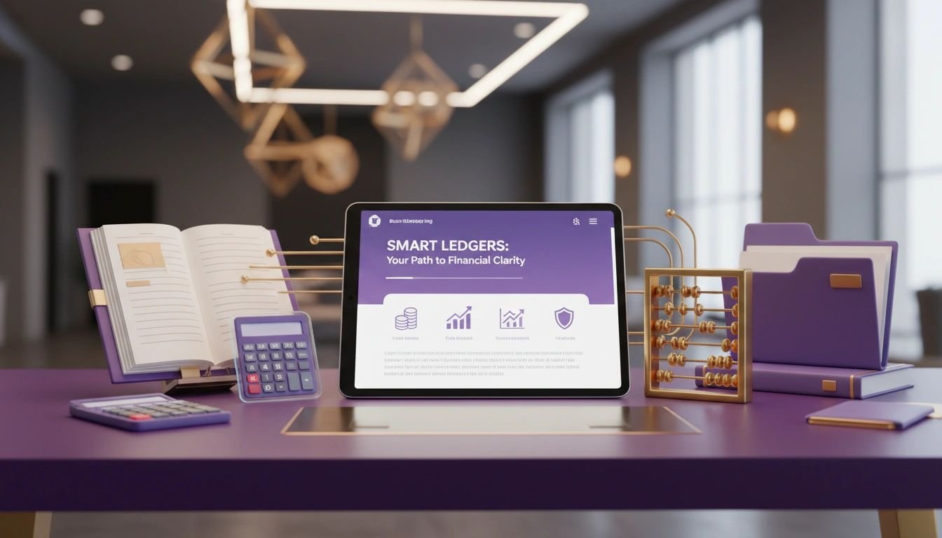 A workspace with a purple desk setup including a tablet displaying finance management app, an open notebook, calculators, an abacus, purple folders and a notepad, in a modern office with large windows.