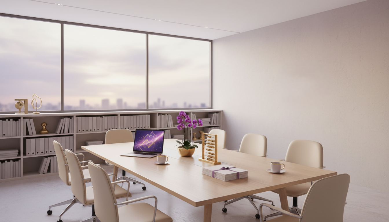 Empty modern conference room with large window, white walls, wooden table, white chairs, laptops, books, flowers, and cups