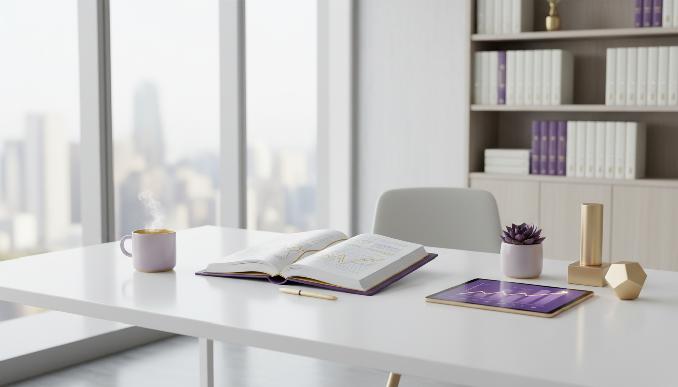 Modern white desk with an open notebook, a purple and gold tablet displaying a graph, a steaming cup of coffee, a purple plant in a white pot, a gold decorative object, and a gold cylindrical container, set in a bright office with floor-to-ceiling windows and a city view.