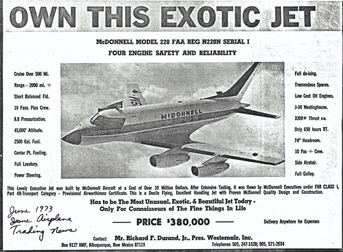 A sales advertisement for the McDonnell 220 in Trade-a-Plane Magazine