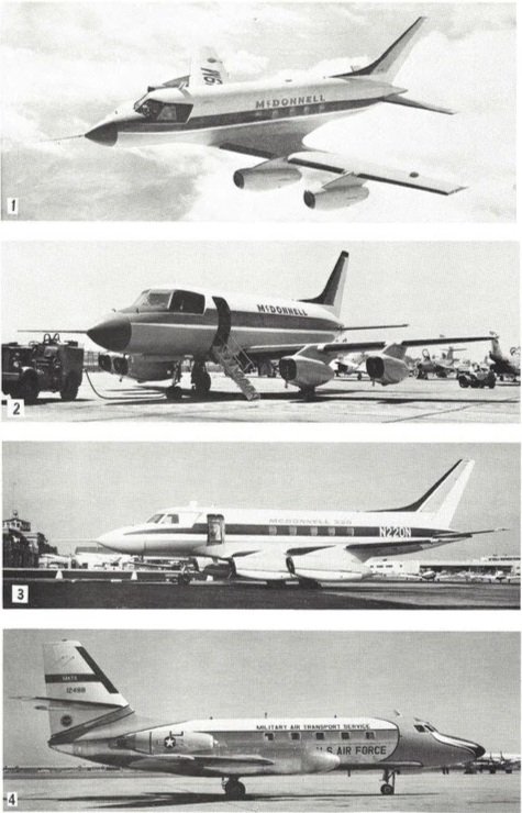 The McDonnell 119/220 poised above the Lockheed Jetstar.  The Jetstar would go on to win the United States Air Force UCX competition, entering full production.  Unfortunately, the McDonnell 119 was not selected for production.