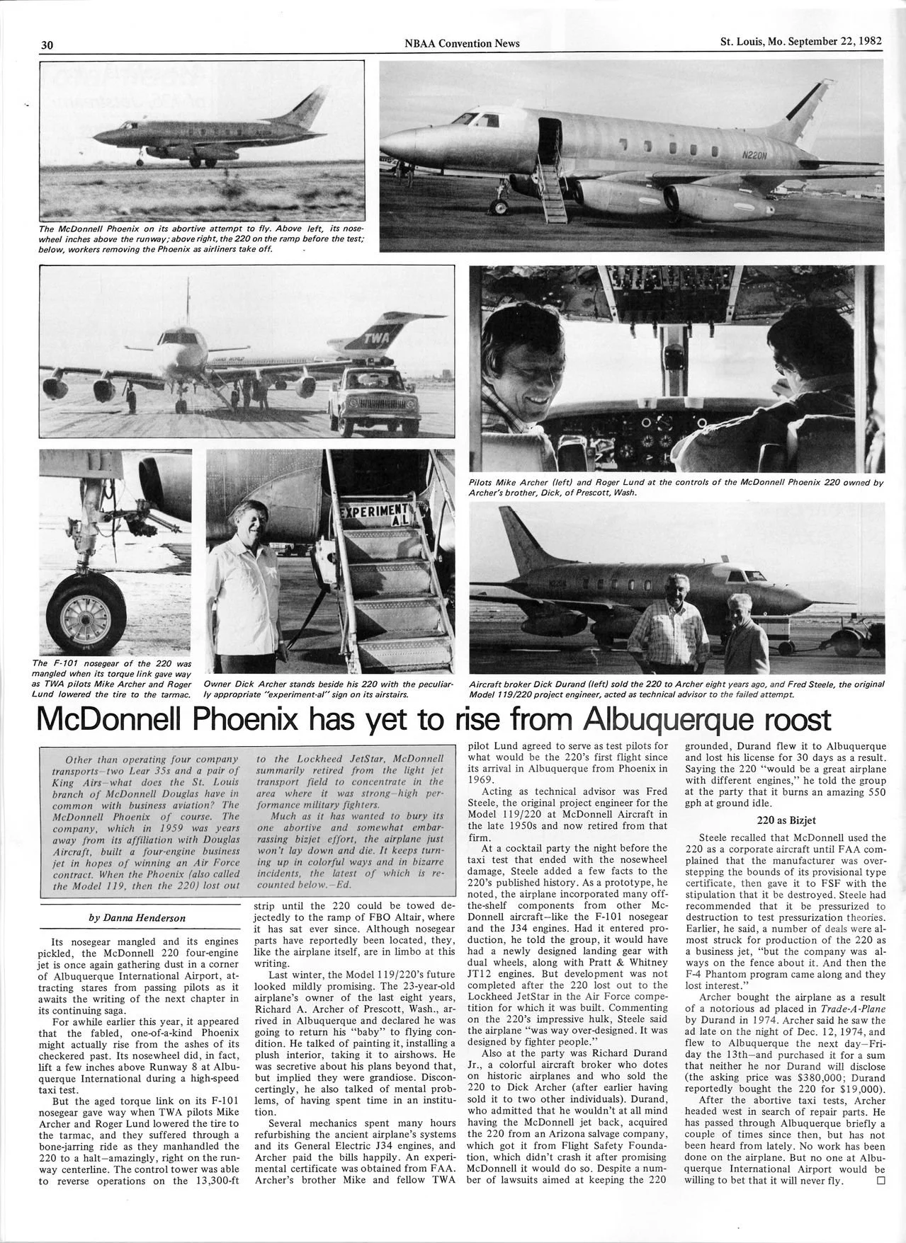 Black and white newspaper page from September 22, 1982, featuring photographs and article about the McDonnell Phoenix aircraft testing, including images of the aircraft, pilots, and ground staff, with captions describing the scenes.