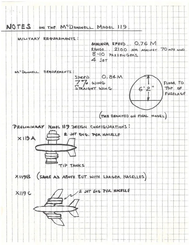 Handwritten notes on graph paper detailing specifications and design configurations for the McDonnell Model 119 aircraft, including military requirements, speed, range, passenger capacity, wing specifications, and drawings of the aircraft and circular fuselage cross-section.