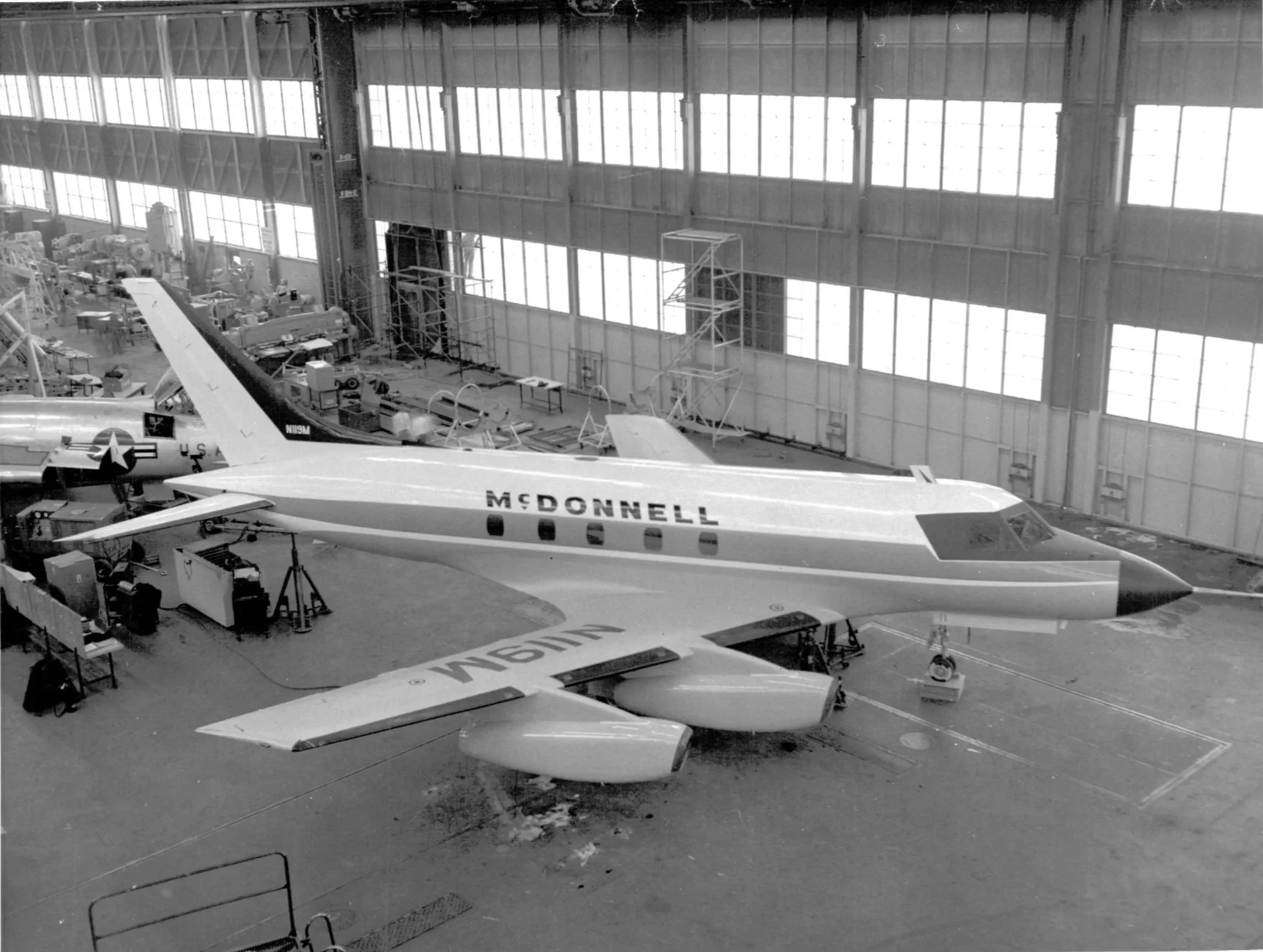 The McDonnell 119/220 as it prepares for rollout from the factory floor of the McDonnell Aircraft Corporation in St. Louis, Missouri, circa 1958