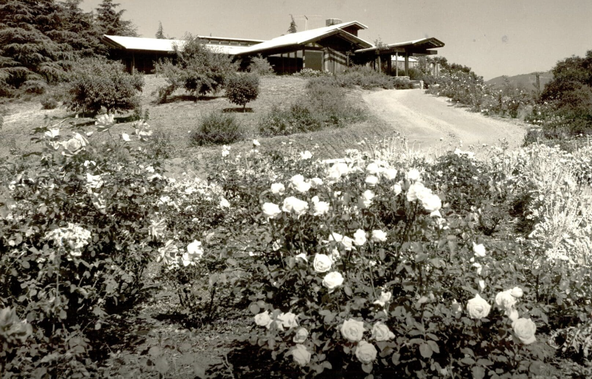 The gabled wood roofline of the Harwell Hamilton Harris Wyle House on Rancho Drive in Ojai